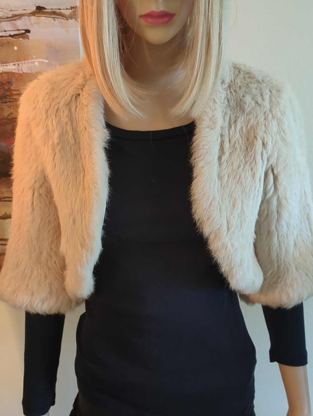 Lord & Taylor Cream RealRabbit Fur Cropped Jacket, Size S.
